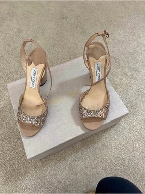 Jimmy Choo Rose Gold Glitter Open-Toe Ankle-Strap Heels